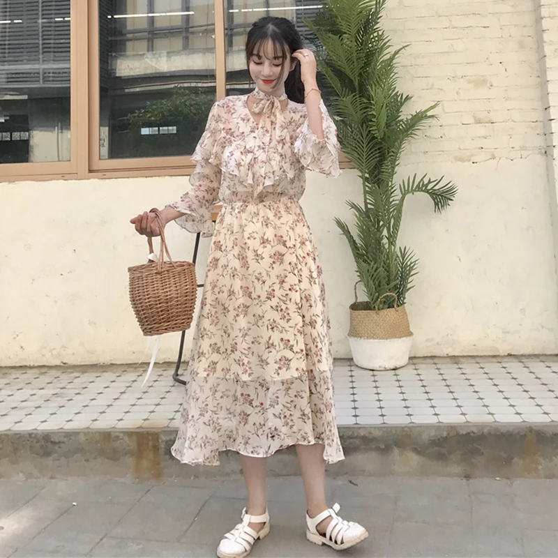 Mihoshop Ulzzang Корейская женская модная одежда с бантом и цветочным принтом милое