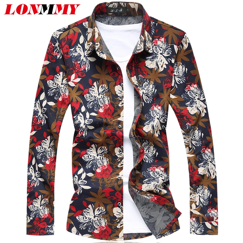 LONMMY 6XL 7XL рубашки мужские платья с длинным рукавом цветок моды Camisa masculina