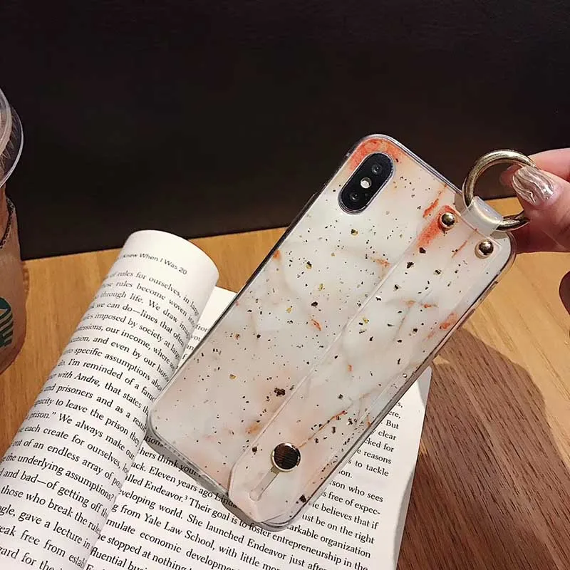 Блестящий чехол из золотой фольги и мрамора для iPhone X XS Max XR браслет с подставкой