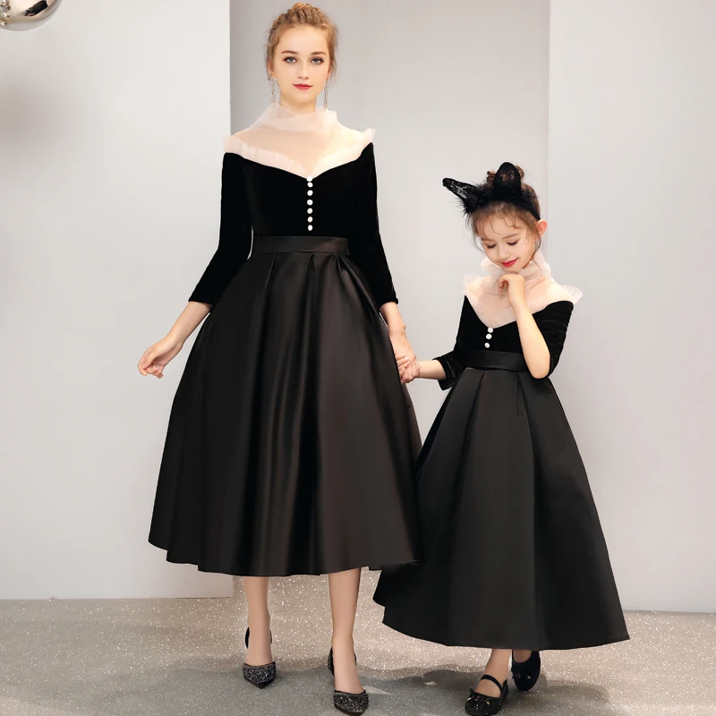 2019 Vintage Desgin Mommy and Me Mother Daughter Wedding Dress Black Color Clothes for Family Clothing Princess Lolita Style