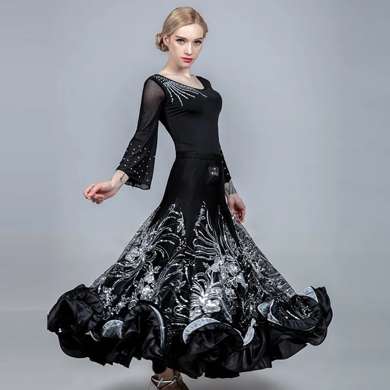 black set Стандартная юбка для танцев, женские юбки для бальных танцев, топы для танцев фламенко, костюм для испанского фламенко, юбка для вальса, одежда для сценических танцев - Цвет: black set