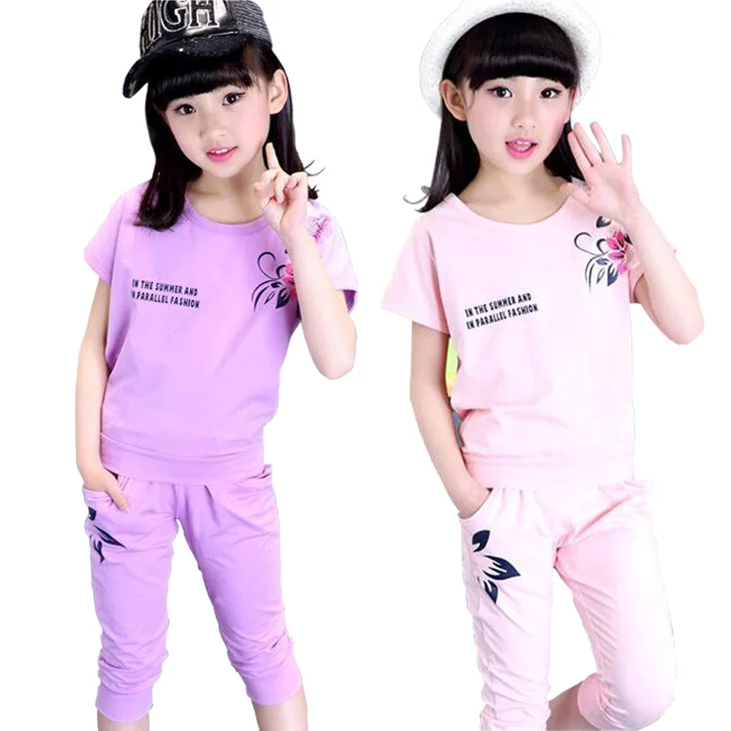 

2018 New Girls clothes Sets print pattern Children sports kids clothes suit toddler Short sleeved t shirt+Haren Cropped pants 2p