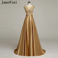 janevini vestidos gold evening dress 2018 a line lace appliques big bow back beaded satin mother of the bride dresses plus size