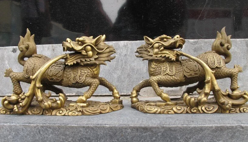 

bi002279 China classic pure Brass Foo Dog Lion Dragon Kylin Evil spirit beast statue pair
