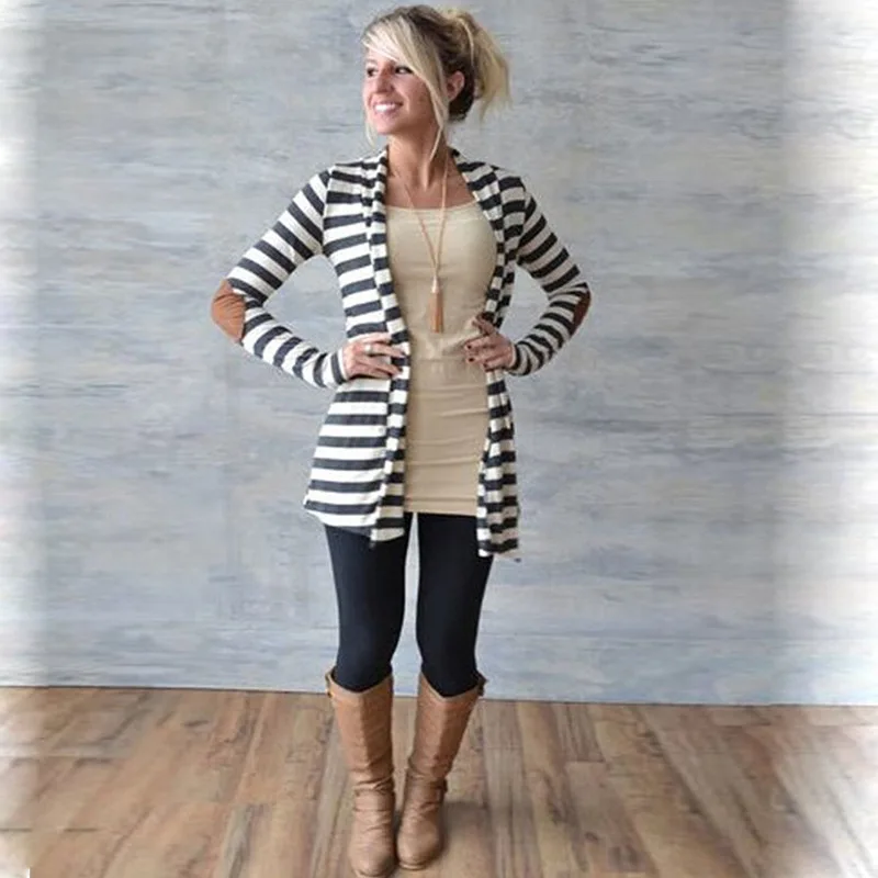 Женский кардиган свободный длинный рукав хлопок в полоску модный тонкий куртка