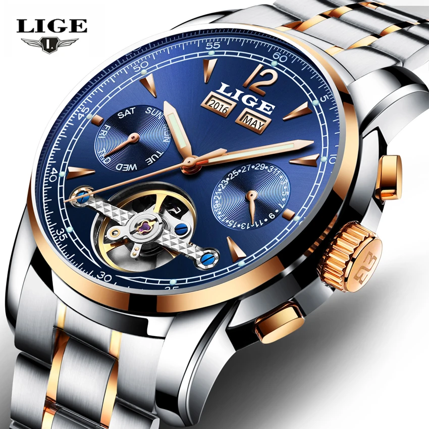 

Мужские автоматические механические Спортивные часы Relojes LIGE, мужские роскошные Брендовые повседневные часы, мужские наручные часы, армейск...