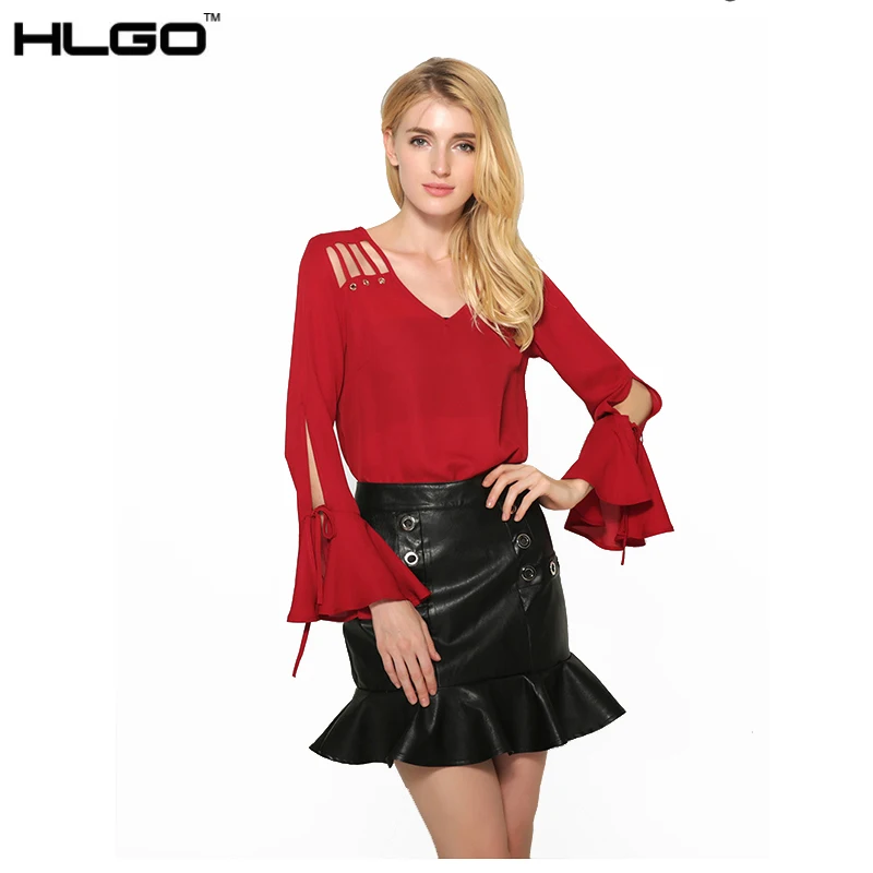 2017 Весенняя мода элегантный v-образным вырезом блузка рубашка сплошной цвет Flare с