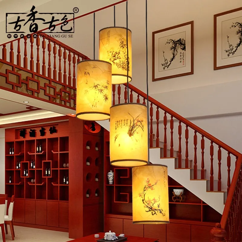 買取 レストランロングランプ中国風の木製ヴィラ 3 アンティークペンダントライトヘッドスパイラル階段ランプ回転 ZS71