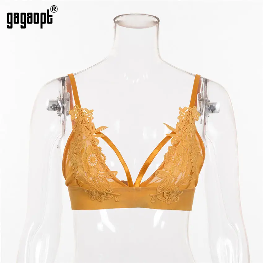 Gagaopt 5 цветов Цветочные Майки Женские Модные Цветочные Вышивка Дамы Cami кружевные топы сексуальный Бралетт короткий Топ Blusas - Цвет: Цвет: желтый