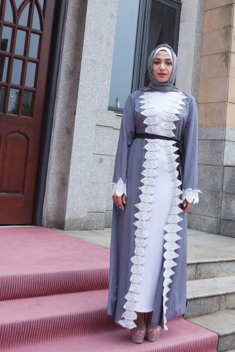 Мусульманская Мода Кардиган abaya кружевное платье женское кимоно листья