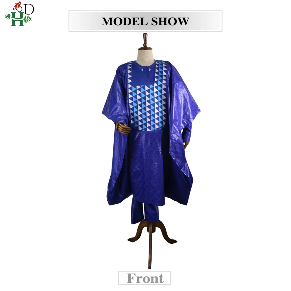 H& D мужская одежда в африканском стиле синий костюм agbada накидка рубашка брюки комплект из 3 предметов без шапки Дашики халат вышивка Африканский узор PH3307