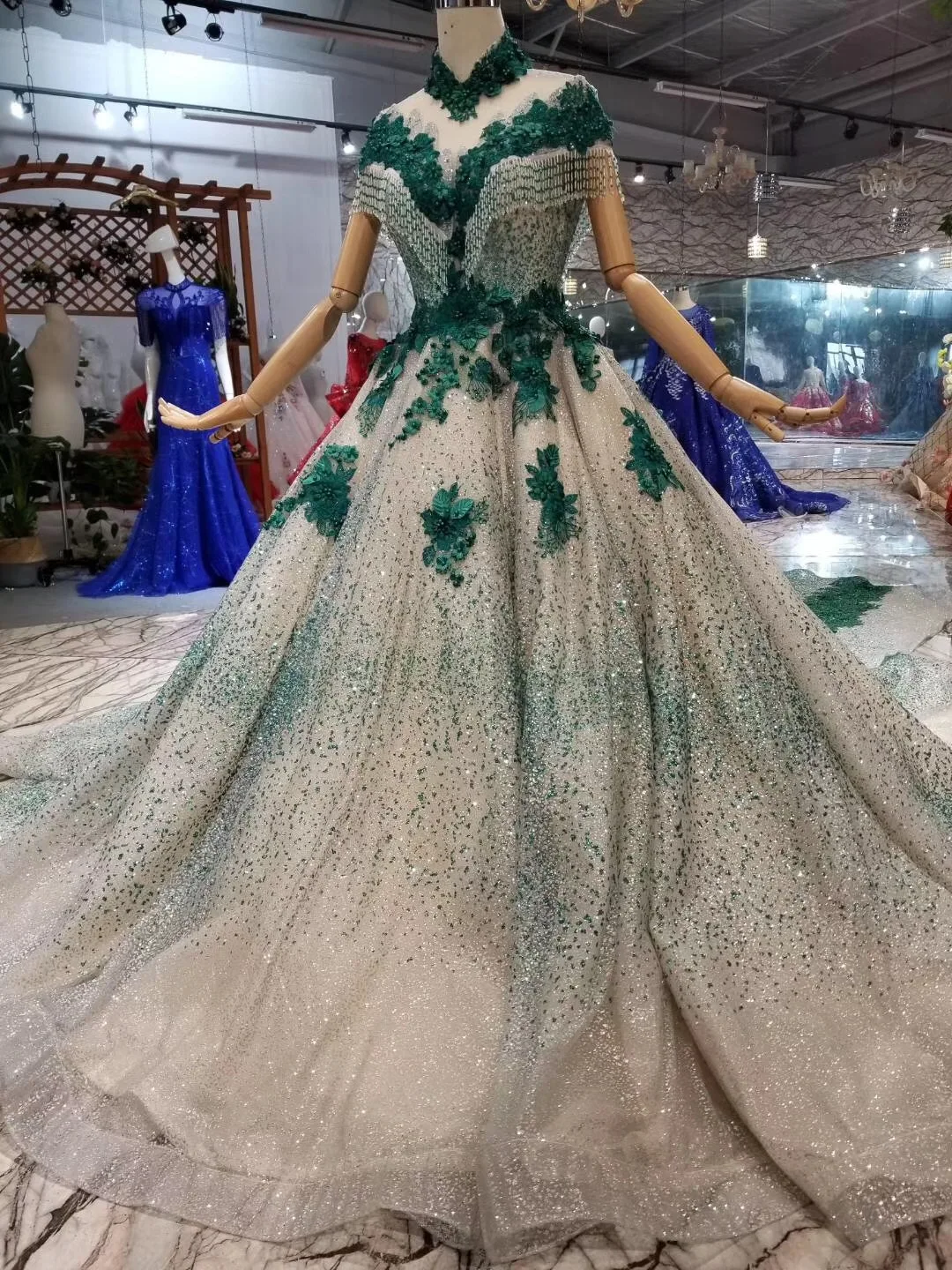 Женское платье с длинным шлейфом Anos Quinceanera зеленое кружевное маскарадное бисером