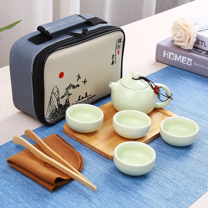 

Chinese Travel Kung Fu Tea Set Ceramic Portable Teapot Porcelain Teaset Gaiwan Tea Cups of Tea Ceremony Tea Pot With Travel Bag