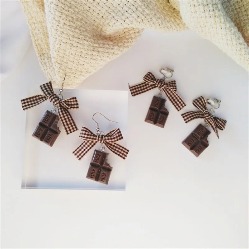 

2019 Korean Fashion geometric bowknot cloth dangle earrings funny cute chocolate resin long earrings women jewelry ear clip gift