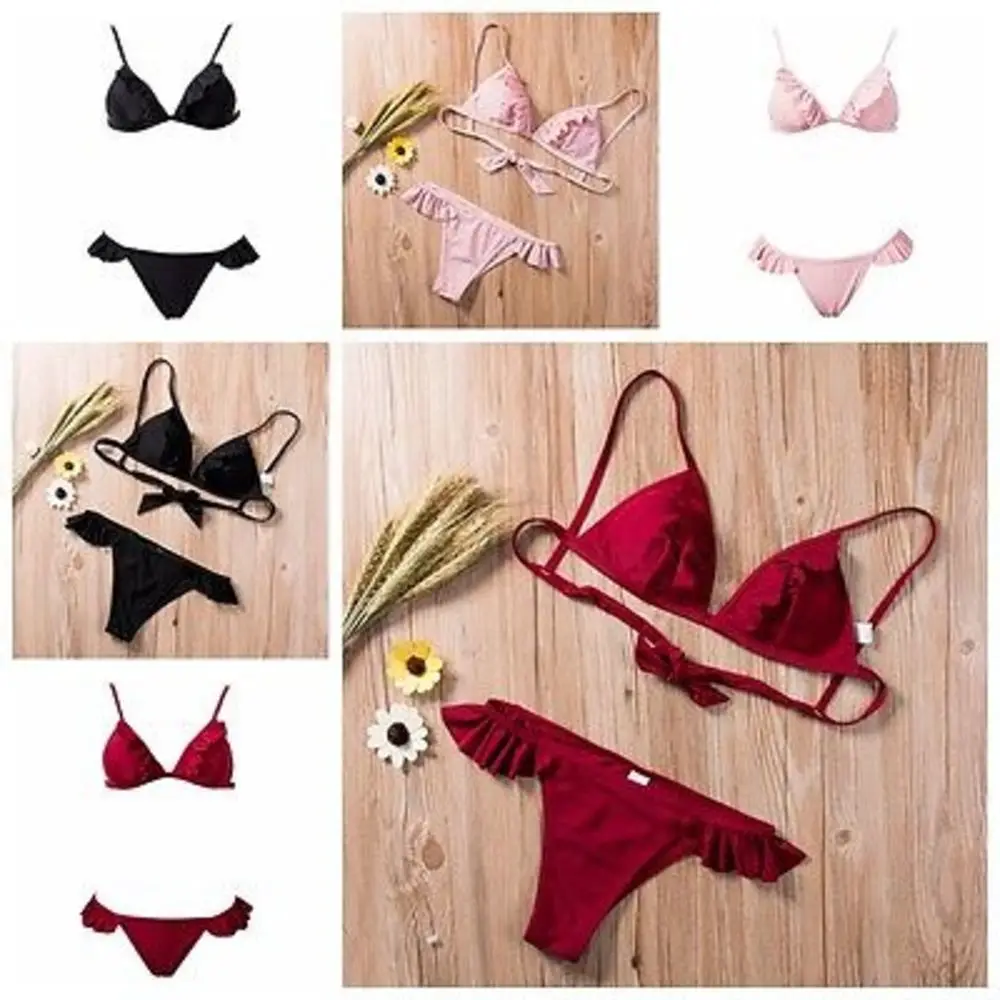 Women Push Bikini Set Swimwear Swimsuit Up Padded Bra Hot Bathing Suit Beachwear Paded Ruffled Collar | Женская одежда