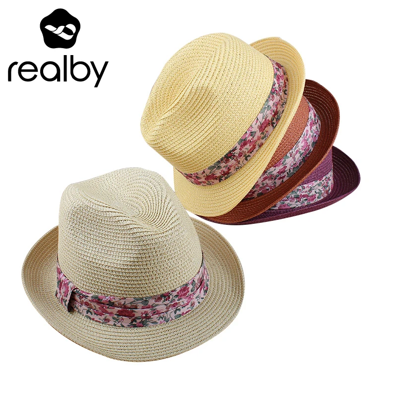 Женская соломенная шляпа REALBY летняя с круглым плоским верхом для женщин 2018 |
