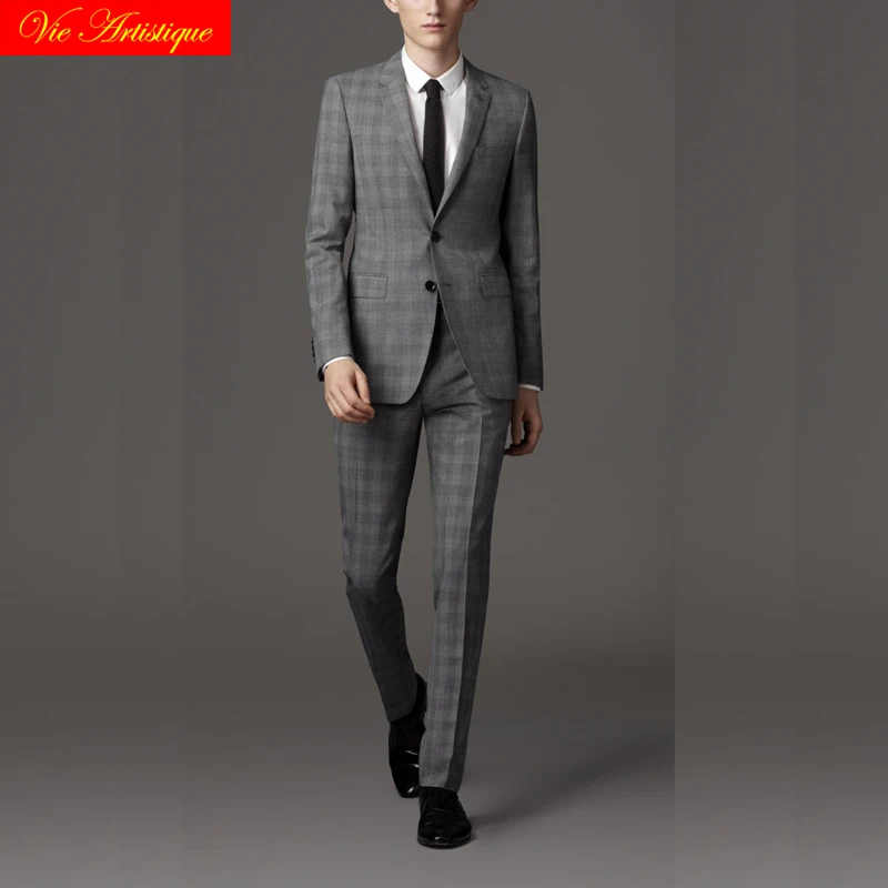 custom tailor made suits 3 pieces jacket pant vest wool Men's groom tuxedos slim fit wedding coffee dog tooth small plaid 2018