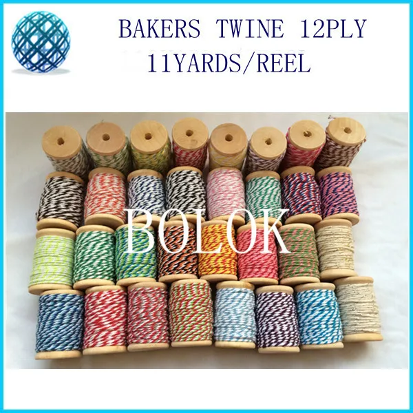 

50pcs/lot 32 color choose cotton Bakers twine (11yards/wooden reel ) 12ply thick cotton rope for gift packing, wedding, party