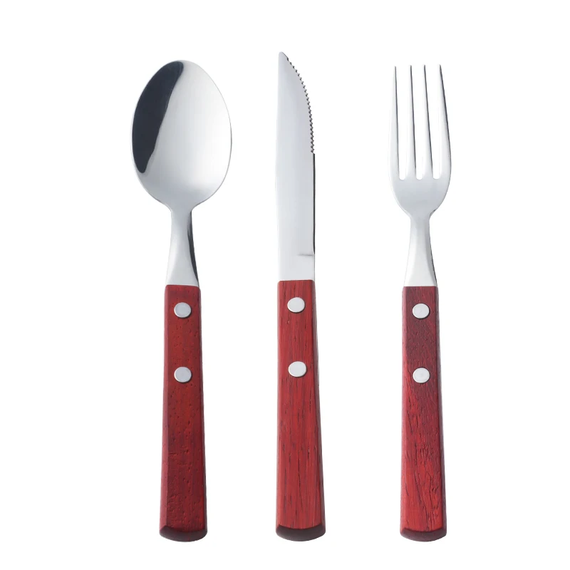 Red Handle 18 шт./лот деревянная ручка столовая посуда из нержавеющей стали вечерние столовая ложка нож для фруктов, вилка Столовые приборы круглая ручка посуда - Цвет: Red Handle