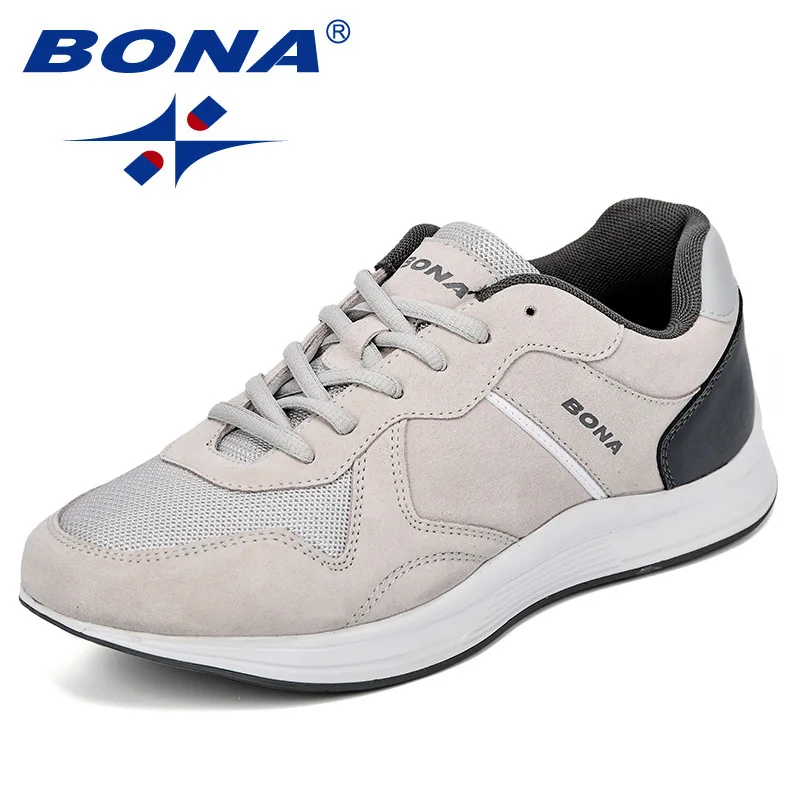 Light grey dark grey BONA/Новинка; классические стильные мужские кроссовки; замшевая сетчатая мужская повседневная обувь; уличная дышащая мужская удобная обувь для отдыха; - Цвет: Light grey dark grey