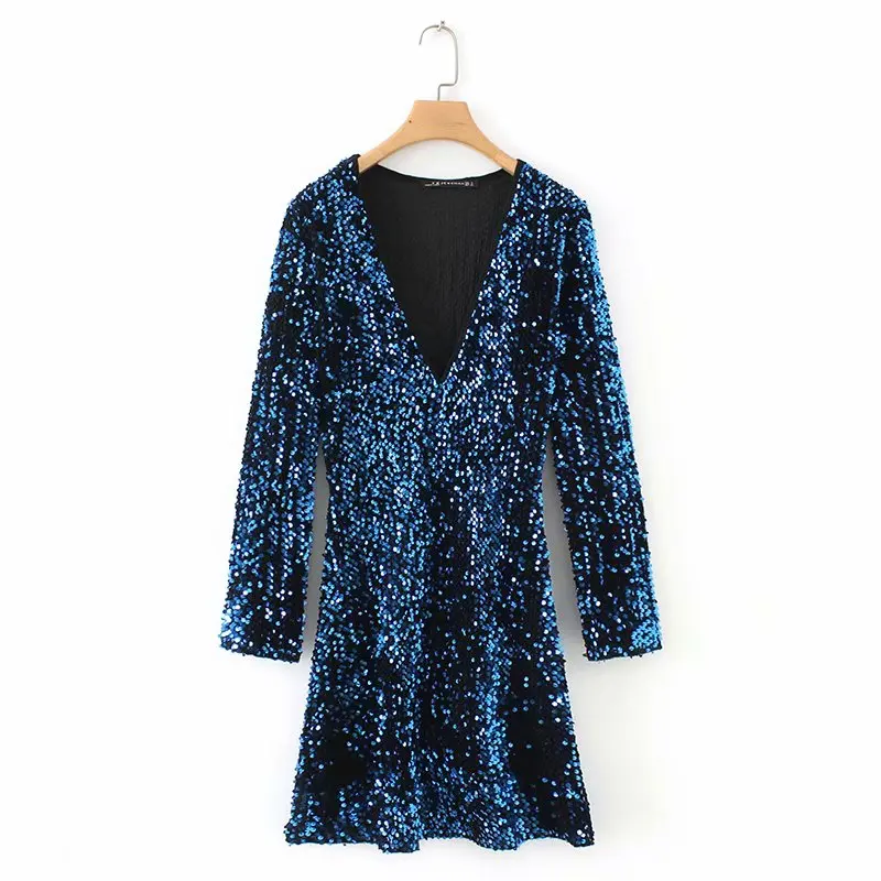 Женское модное ретро однотонное платье с v образным вырезом и блестками