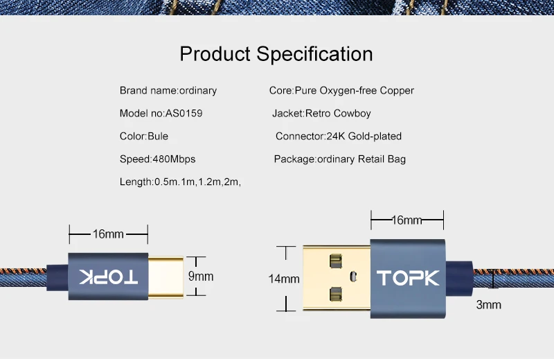 TOPK [5-Pack] usb type-C кабель в джинсовой оплетке для синхронизации данных, мобильный телефон, USB кабель для samsung S8 S9 Plus a5 one plus 5t 6
