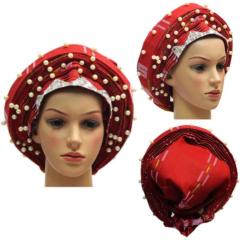 red 3 Африканский Авто геле головной убор для свадьбы 019 ASO OKE геле головной убор вышивка с бисером - Цвет: red 3