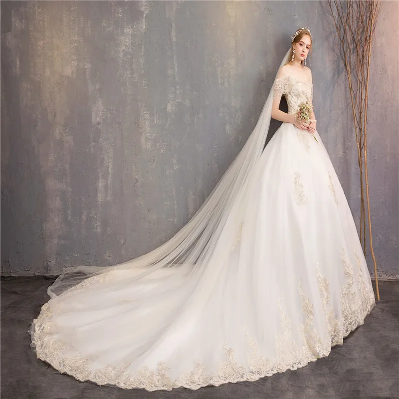 Robe De Mariee Grande Tail 2019 Новые Элегантные платья принцессы с открытыми плечами Vestido Novias