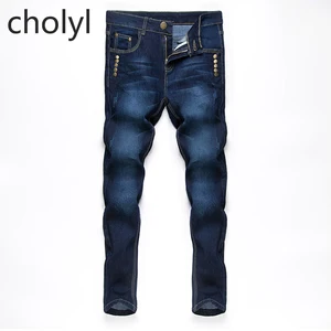 2020 Бесплатная доставка, новинка, мужские облегающие джинсы, модные джинсовые брюки стрейч, Брендовые брюки, мужские джинсы с синими пуговицами