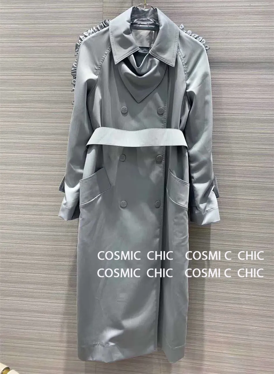Cosmicchic Осень Зима Женское подиумное длинное пальто с деревянными ушками на рукавах двубортное пальто с поясом Верхняя одежда тонкая