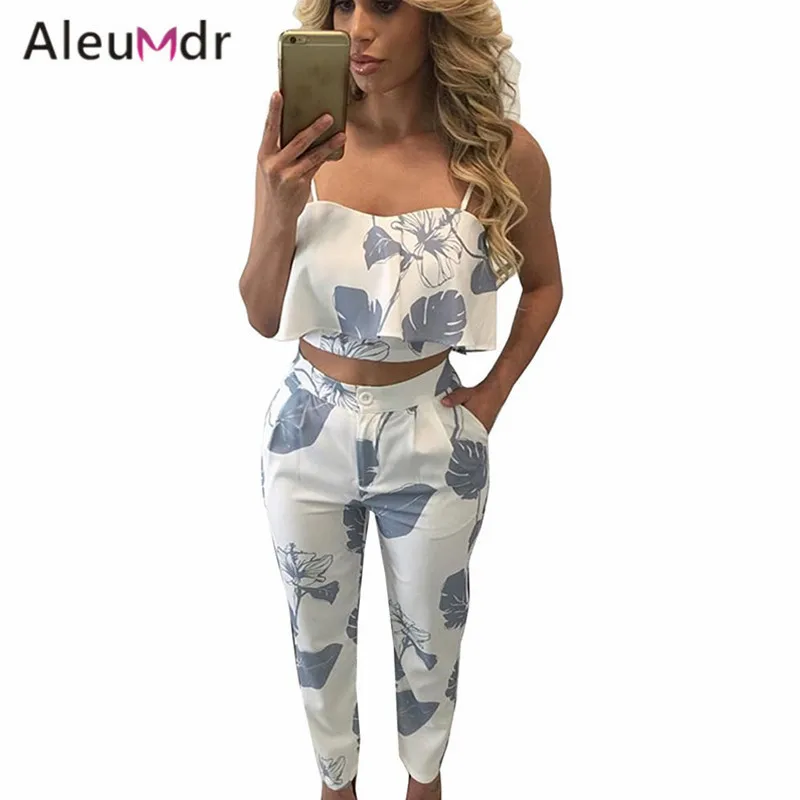 Aleumdr Мода Новый 2017 Из Двух Частей Набор Женщины Лето Синий пятнистый Печати Жабо