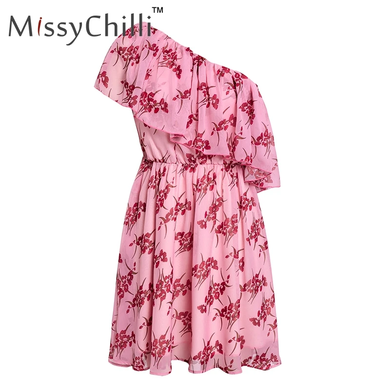 Женское мини платье с оборками MissyChilli розовое в стиле бохо цветочным принтом и