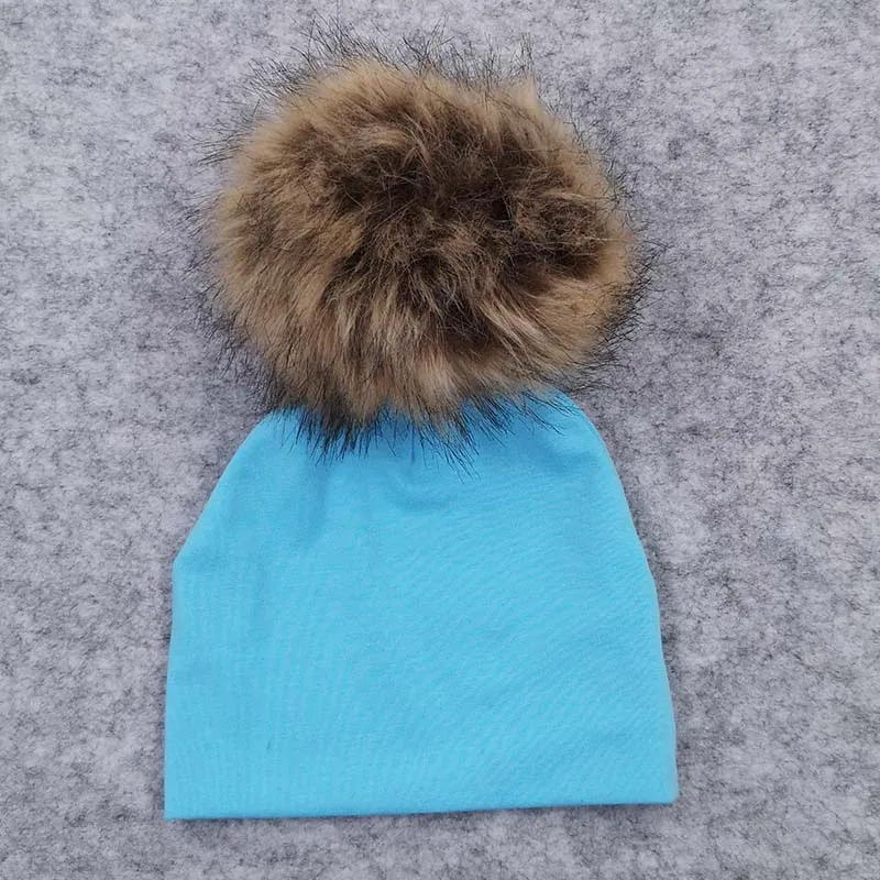 Кофе New Spring Newborn Baby Boys Girls Cotton Beanies Hats With Big Faux Fur Pompom Solid Cute Girls Hats Cap Hair Accessories - Цвет: Кофе