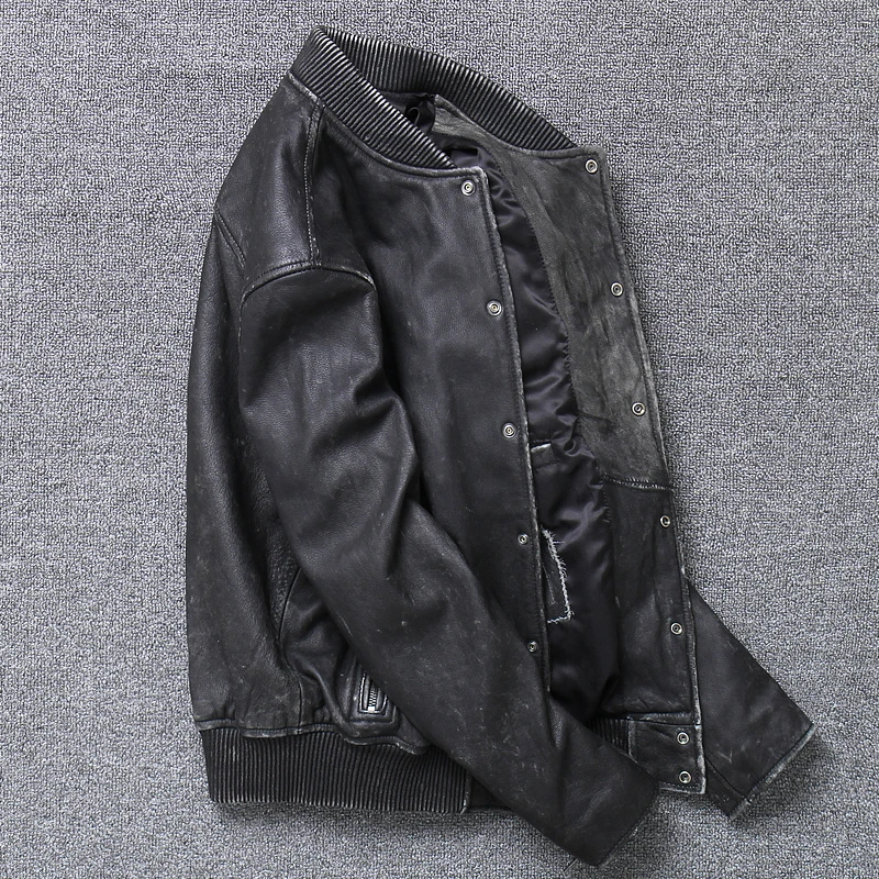 Мужская короткая куртка из воловьей кожи облегающая бейсбольная форма с