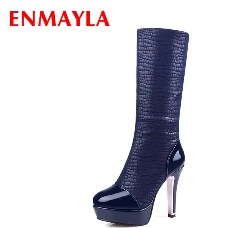 

ENMAYLA New Fashion Style Winter Boots for Women Prints Thin High Heels Round Toe Slip-On Mid-Calf Lady Shoes Large Size 34-47