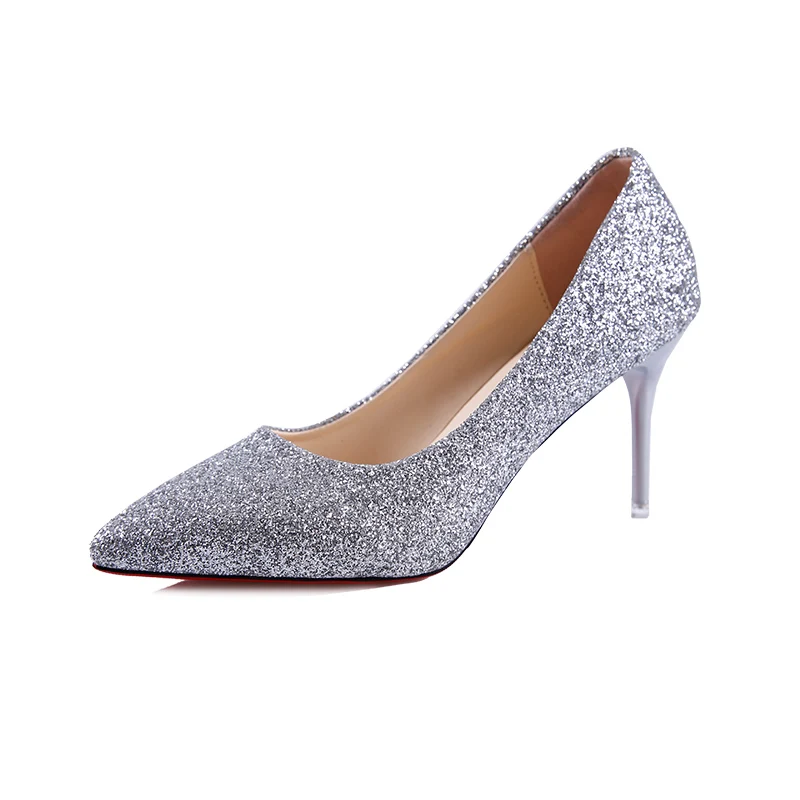 Свадебные Серебристые свадебные туфли на высоком каблуке с острым носком