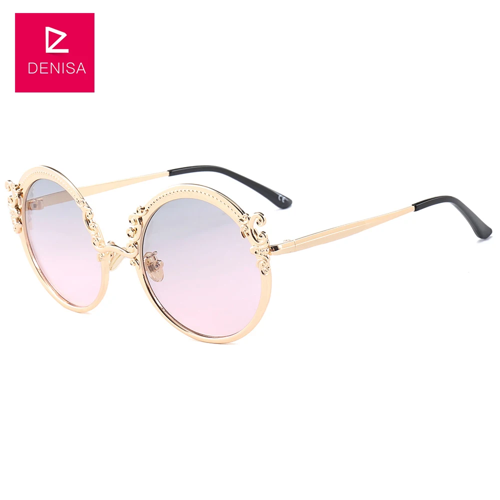 Gold Pink DENISA, модные круглые солнцезащитные очки в стиле стимпанк, для женщин и мужчин, Золотая оправа, Винтажные Солнцезащитные очки для женщин, UV400, lunette de soleil femme G18430 - Цвет линз: Gold Pink