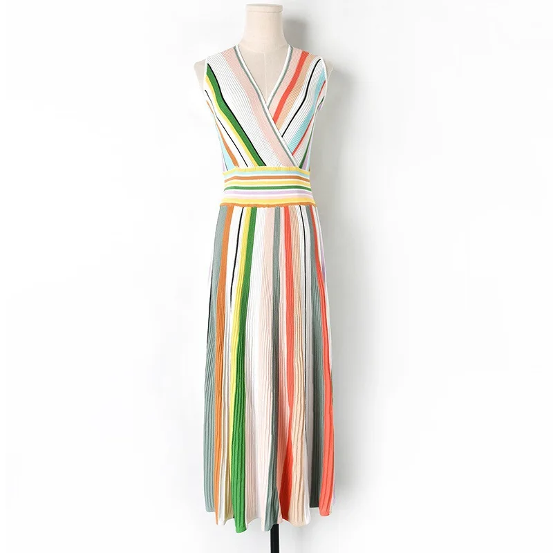 Летний корейский офисный Женский вязаный свитер Полосатое Платье женское