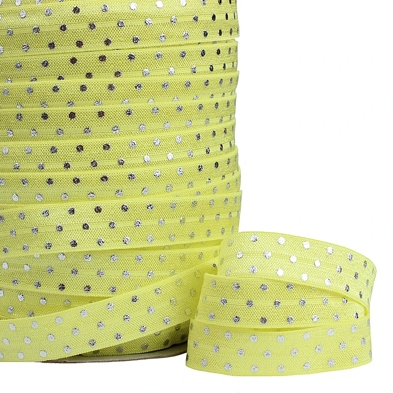 

(50 yards/lot) Free shipping silver foil polka dots printed metallic fold over elastic ribbon