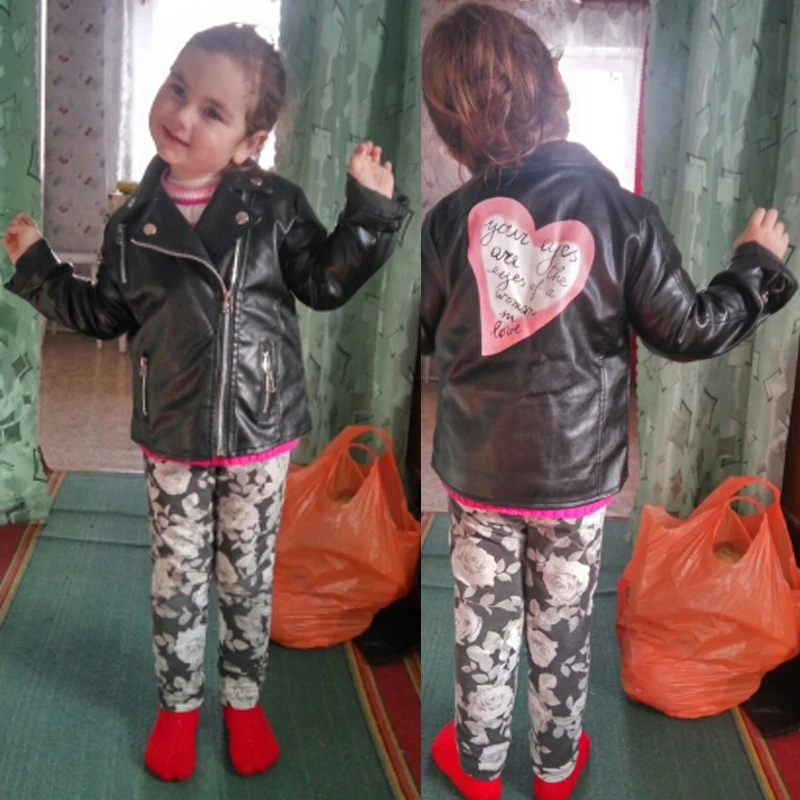 Girls motorcycle leather coat children PU jacket 2-7 year old Printed love letter all match tops for kids fashion hot | Детская одежда