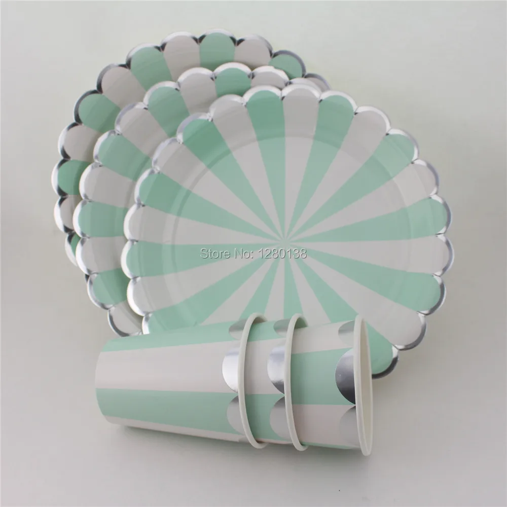 

40set Wedding Decorations Table Ware Party Paper Food Plates Tea Cups Mint/Red Striped with Silver Edge Engagement Party Decor