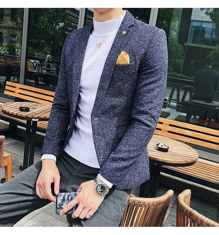 Мужской твидовый Блейзер осень зима блейзер masculino slim fit повседневные мужские спортивные пиджаки hombre invierno ho Мужской Блейзер черный синий коричневый