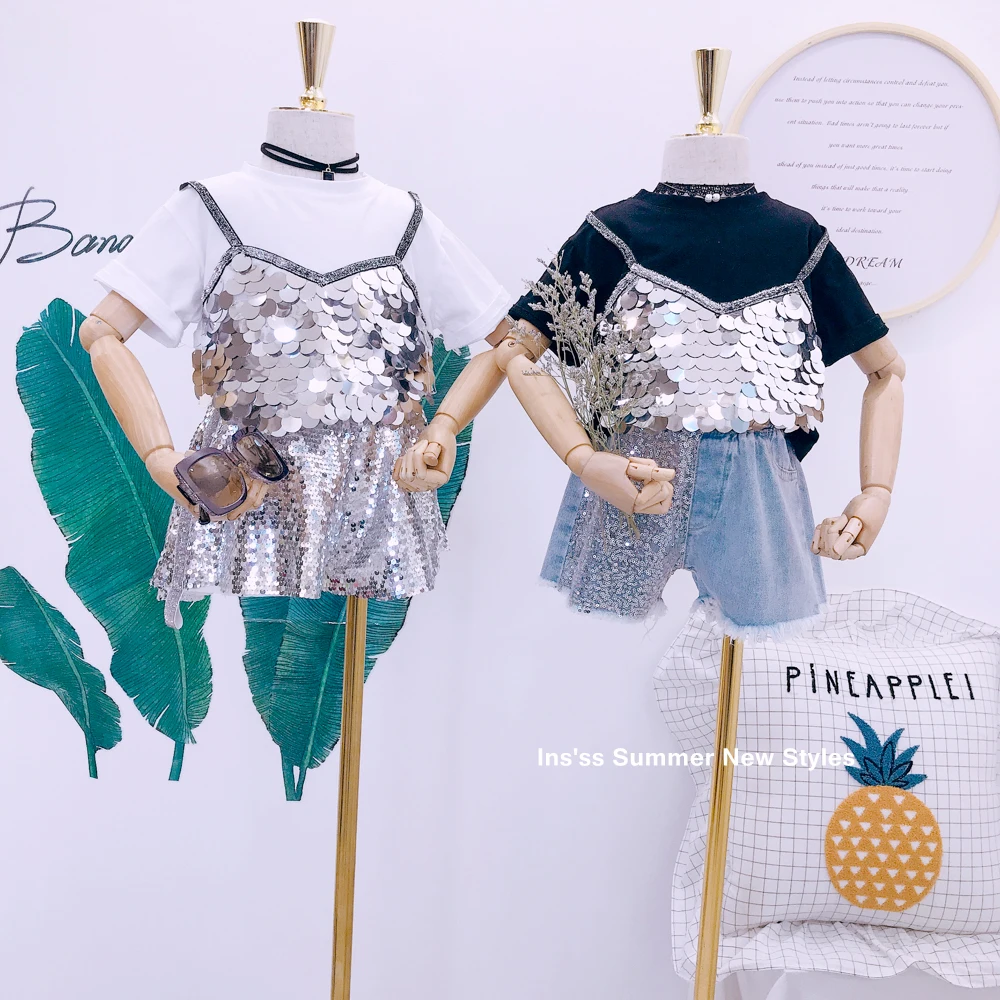 2019 г. Новая летняя футболка с короткими рукавами для девочек Детская блестками в