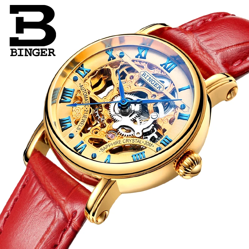

Luxury Sapphire Gold Mechanical Watch Women Self Winding Skeleton Lovers Watches Waterproof Red Leather Roman Wrist watch Montre