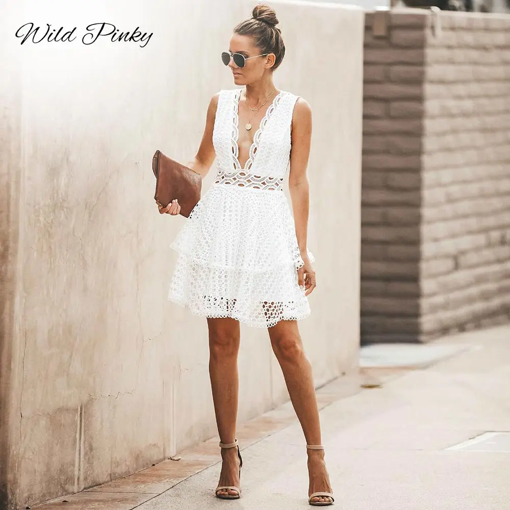 Милые женские летние платья 2019 белые кружевные мини для вечеринок сексуальные