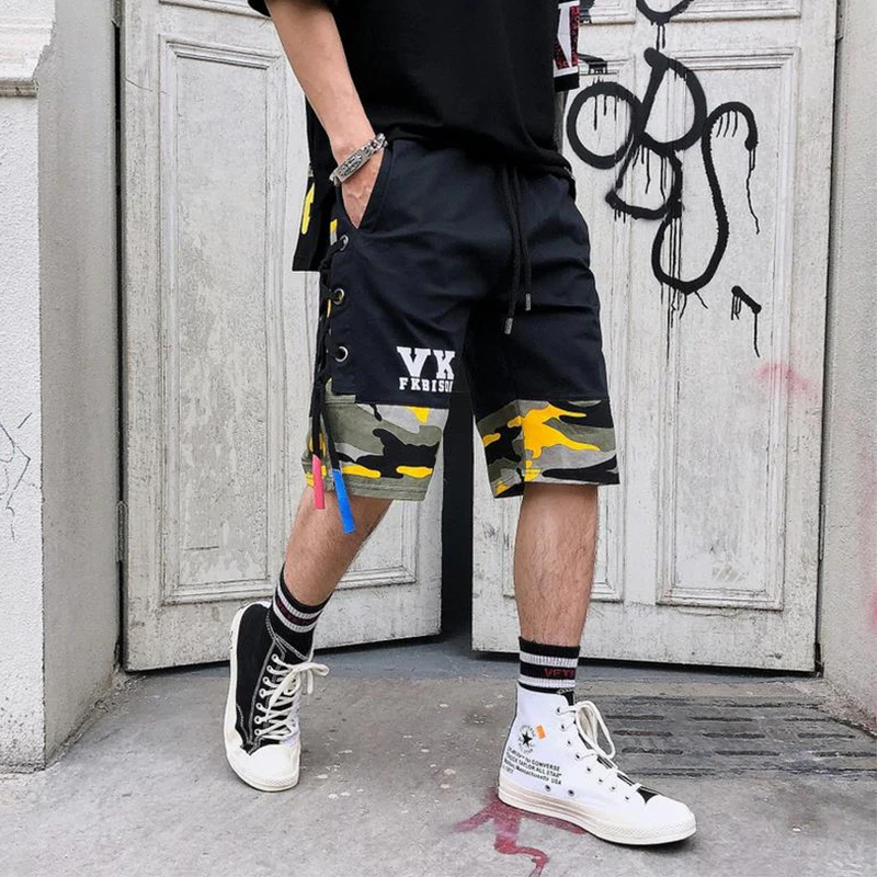 

Tide brand Camouflage stitching tooling shorts Hip Hop Sports Beach Short Pants Summer Cotton Casual Men Ribbon Design Shorts