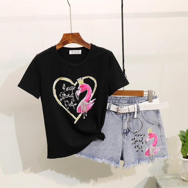 Модная футболка женская летняя новая вышивка Фламинго принт короткий рукав