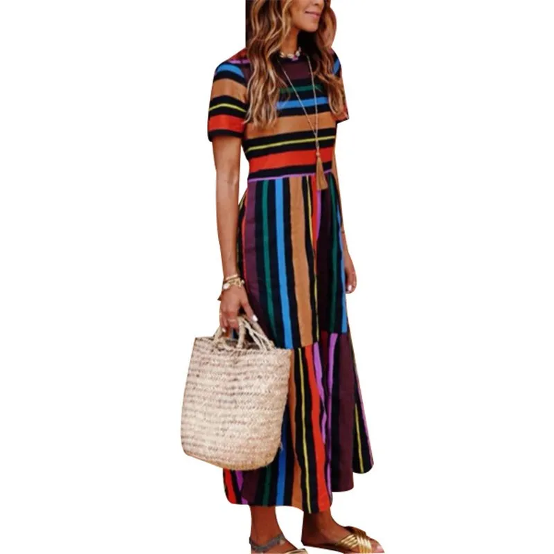 Радужное Полосатое лоскутное длинное бохо платье женское с коротким рукавом 2019