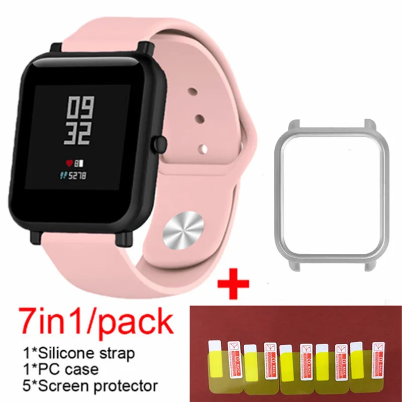 Pink 3 7в1 Мягкая силиконовая лента для Xiaomi Huami Amazfit Bip маленький ремешок браслет часы с PC чехол Защитная пленка для экрана - Цвет: Pink 3