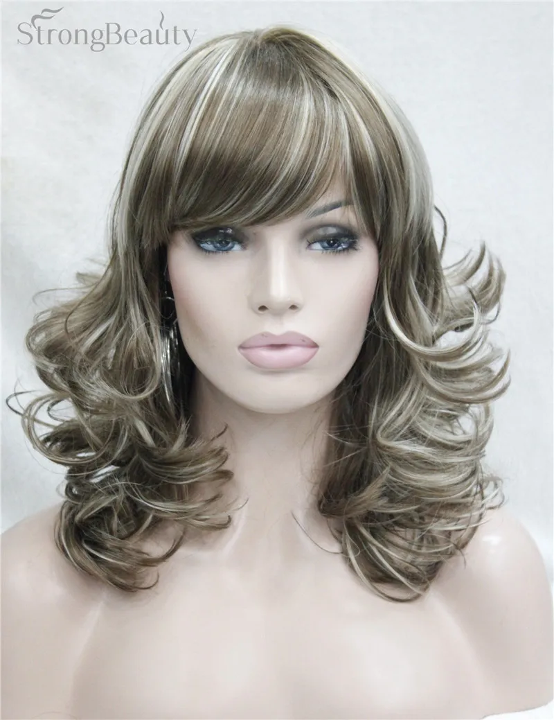 StrongBeauty синтетический Средний кудрявый парик черный блонд коричневый парик для афроамериканки женщина волосы с челкой